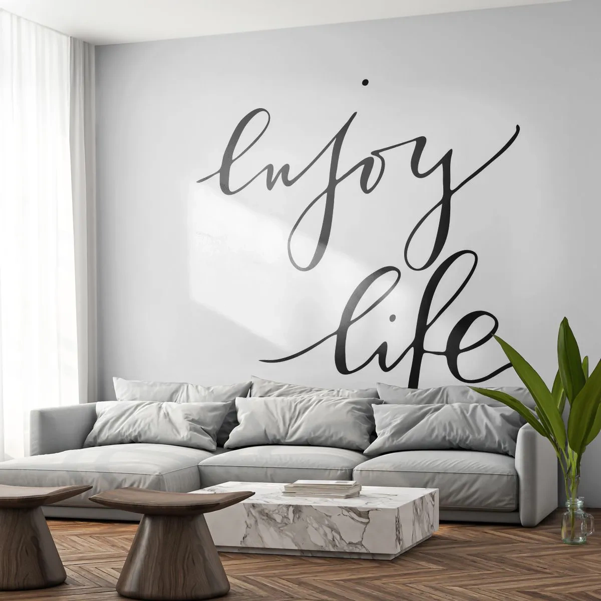 Tapet Standard Eco - Citat „Bucură-te de viață” în caligrafie elegantă - 100x70cm - Nimic de adăugat... - Decorațiune modernă pentru perete pentru living și dormitor ARTTOR