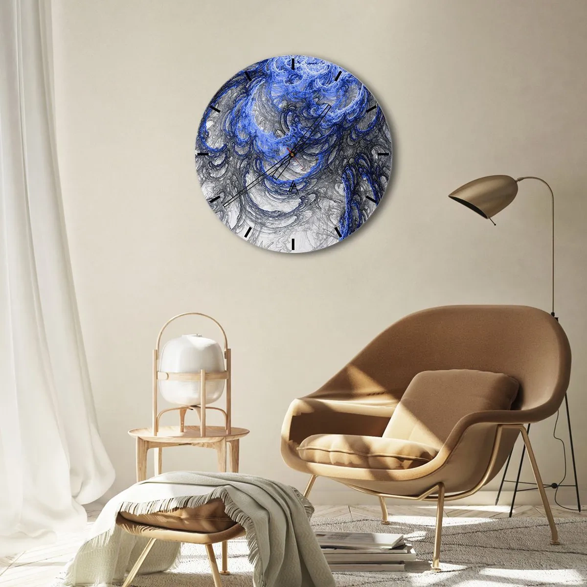 Ceas de perete - Ceas pe sticlă - Motiv abstract de val în nuanțe de albastru și gri - 30x30cm - Nașterea unui val - Decorațiune modernă pentru perete pentru living, bucătărie și dormitor ARTTOR