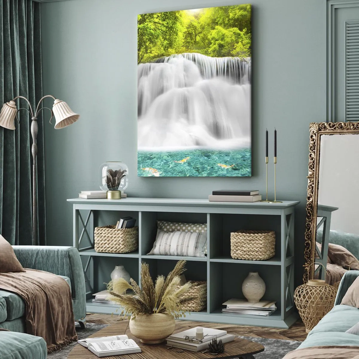Tablou pe pânză - O cascadă spumoasă de la verde la azur - 50x70 cm