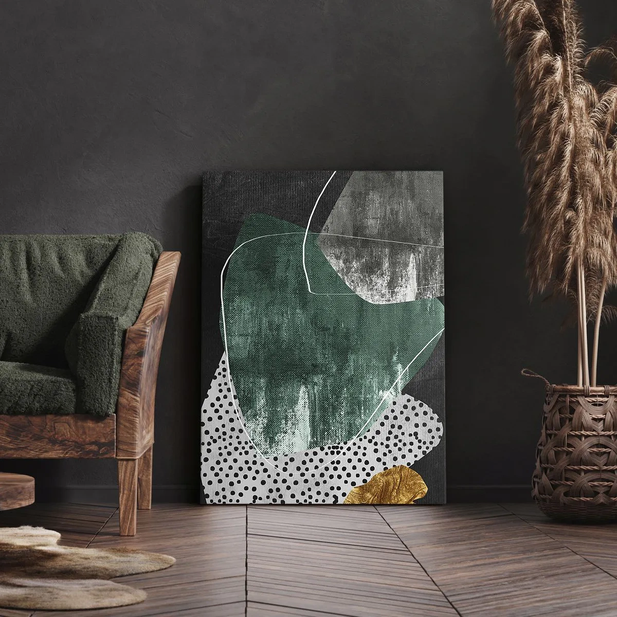 Tablou pe pânză - Abstracție colorată cu fulgi de aur - 65x120 cm