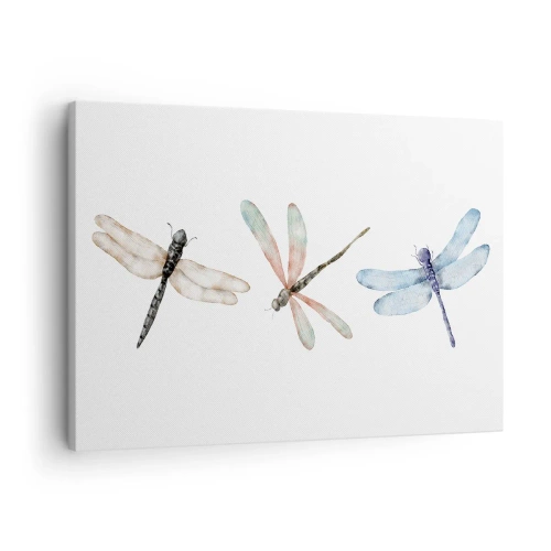 Tablou pe pânză Canvas - Trei libelule în culori pastelate delicate - 70x50cm - Libelule imponderabile - Decorațiune modernă pentru perete pentru living și dormitor ARTTOR