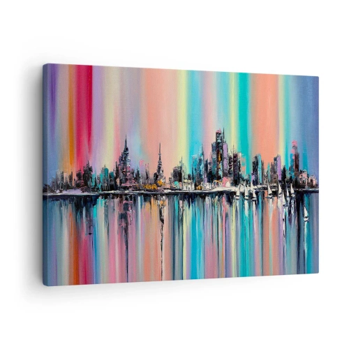 Tablou pe pânză Canvas - peisaj urban colorat cu reflecții pe apă - 70x50cm - Strălucește cu lumina nopții - Decorațiune modernă pentru perete pentru living și dormitor ARTTOR