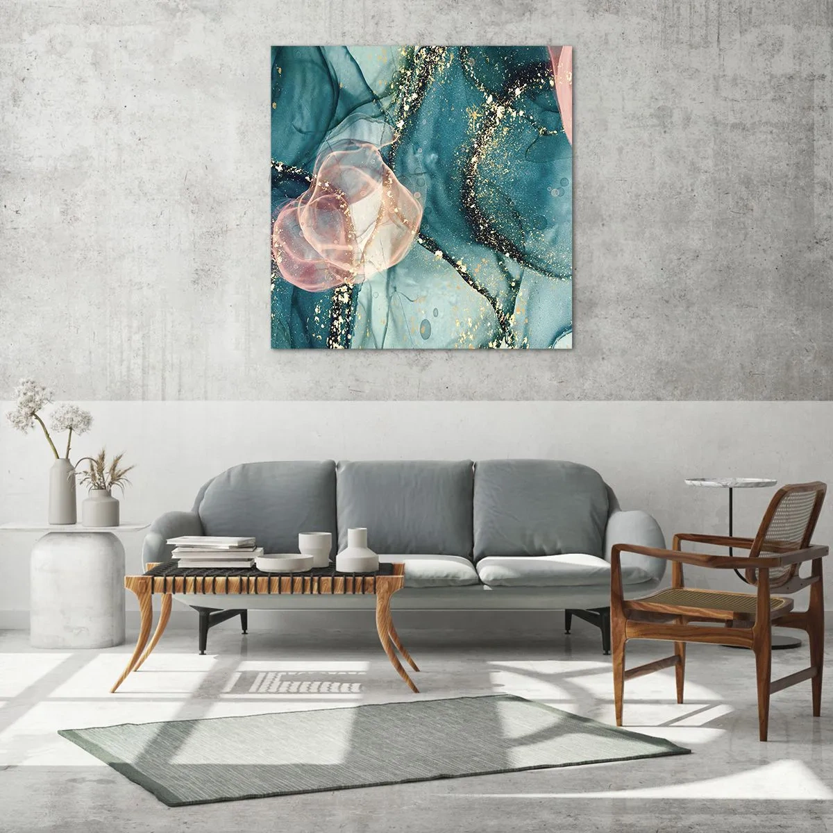 Tablou pe sticlă - Mătase albastră, tul roz - 40x40 cm