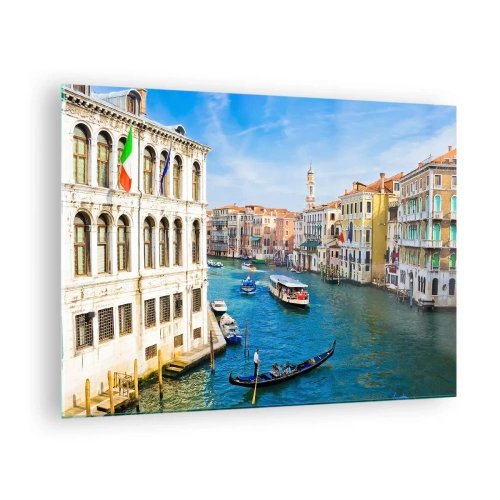 Tablou pe sticlă - Un canal din Veneția cu gondole și bărci pe apă - 70x50cm - Traficul unic în lume - Decorațiune modernă pentru perete pentru living și dormitor ARTTOR