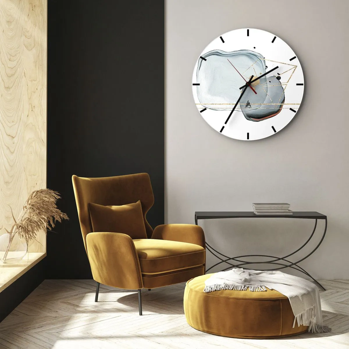 Ceas de perete - Ceas pe sticlă - Compoziție abstractă în nuanțe de albastru și auriu - 30x30cm - Studiul picăturii - Decorațiune modernă pentru perete pentru living, bucătărie și dormitor ARTTOR