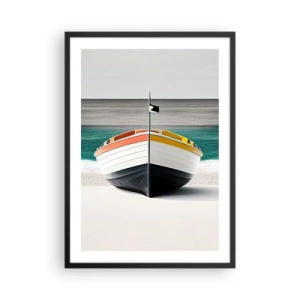 Poster în ramă neagră - O fotografie color a unei bărci pe fundalul mării și nisipului. - 50x70cm - În locul ei - Decorațiune modernă pentru perete pentru living și dormitor ARTTOR