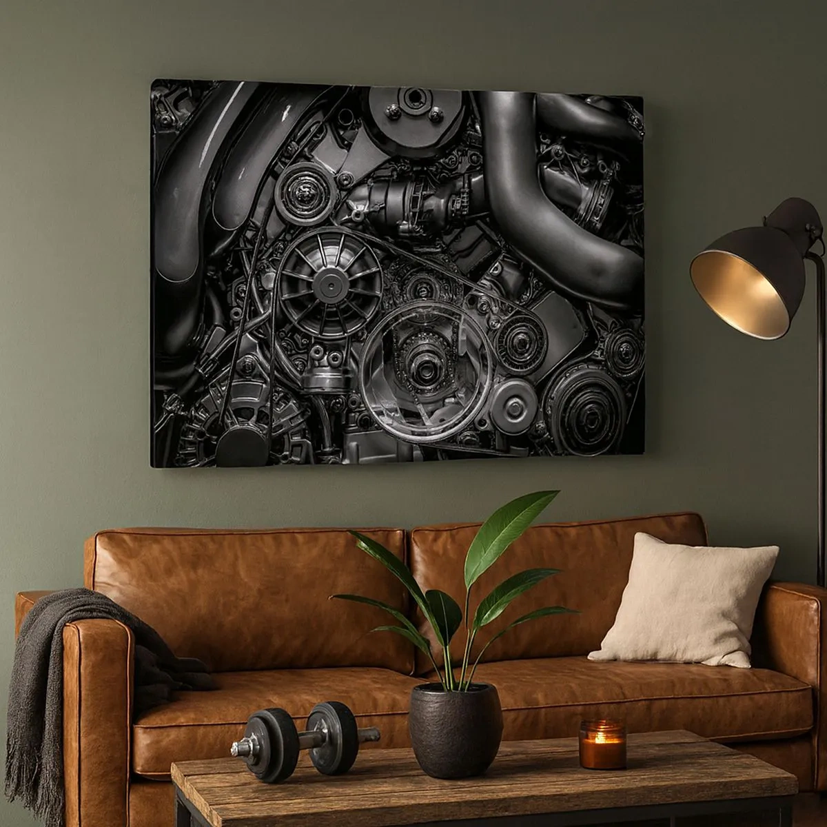 Tablou pe pânză Canvas - Prim-plan alb-negru al detaliilor mecanice ale unui motor de mașină. - 70x50cm - Poezia mecanicii - Decorațiune modernă pentru perete pentru living și dormitor ARTTOR