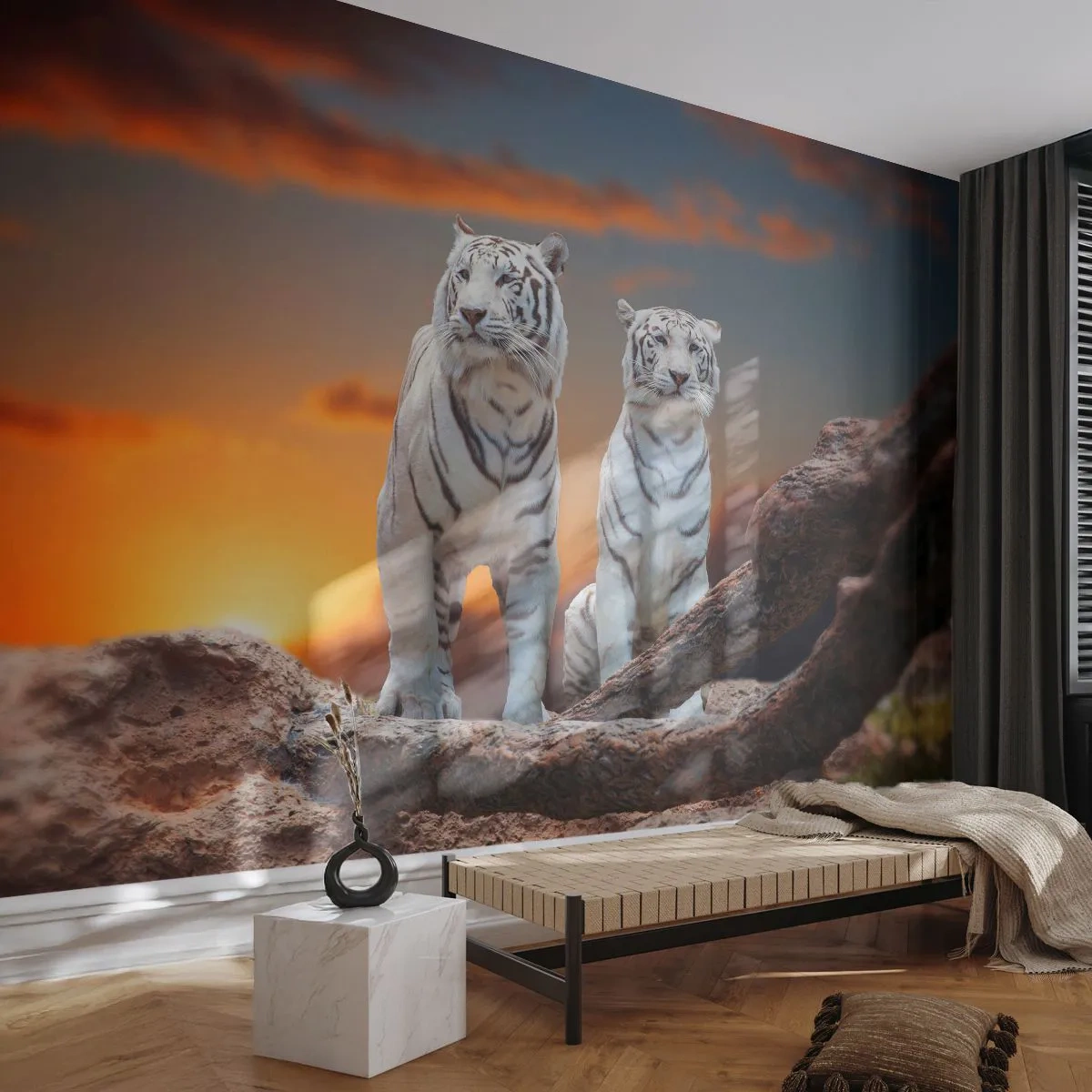 Tapet Premium Sand - La fel ca în Narnia - Animale, Tigru, Apus de soare - 100x70 cm