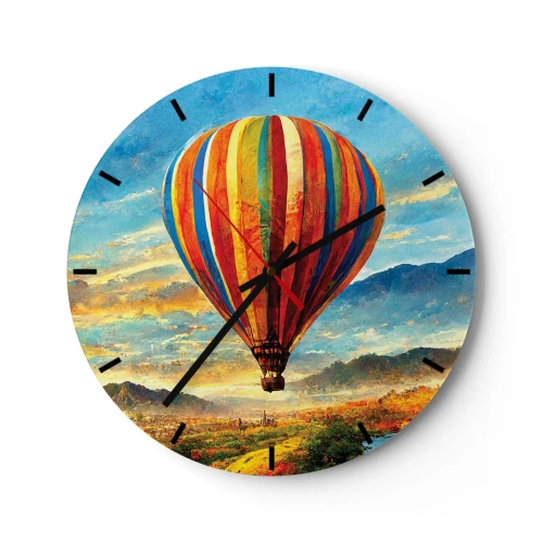 Ceas de perete - Ceas pe sticlă - Un balon colorat pe fundalul unui peisaj montan la răsărit - 30x30cm - În liniște puteți vedea mai multe - Decorațiune modernă pentru perete pentru living, bucătărie și dormitor ARTTOR