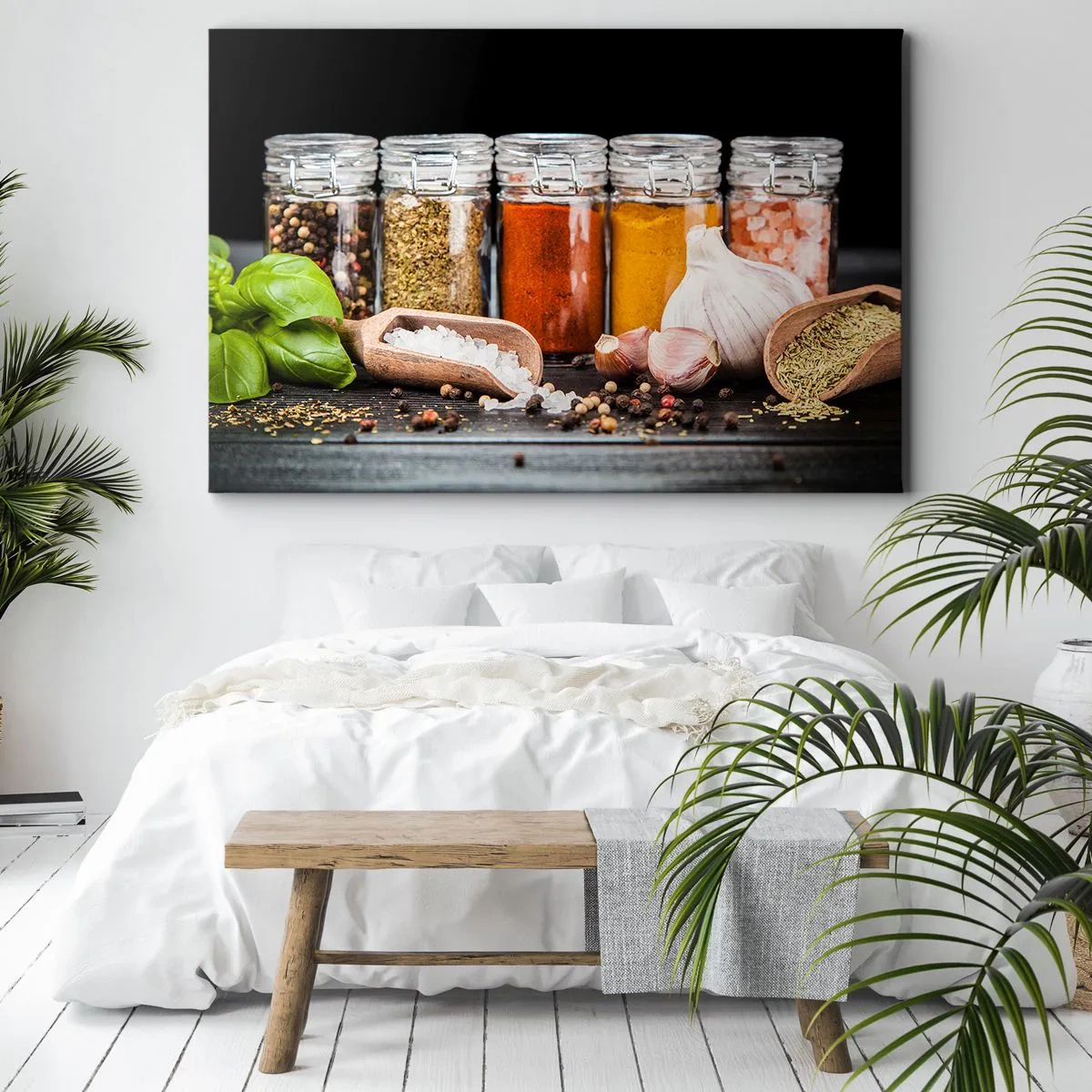 Tablou pe pânză Canvas - Ierburi și condimente în borcane de sticlă pe fundal închis - 70x50cm - Pentru a da un gust vieții - Decorațiune modernă pentru perete pentru living și dormitor ARTTOR