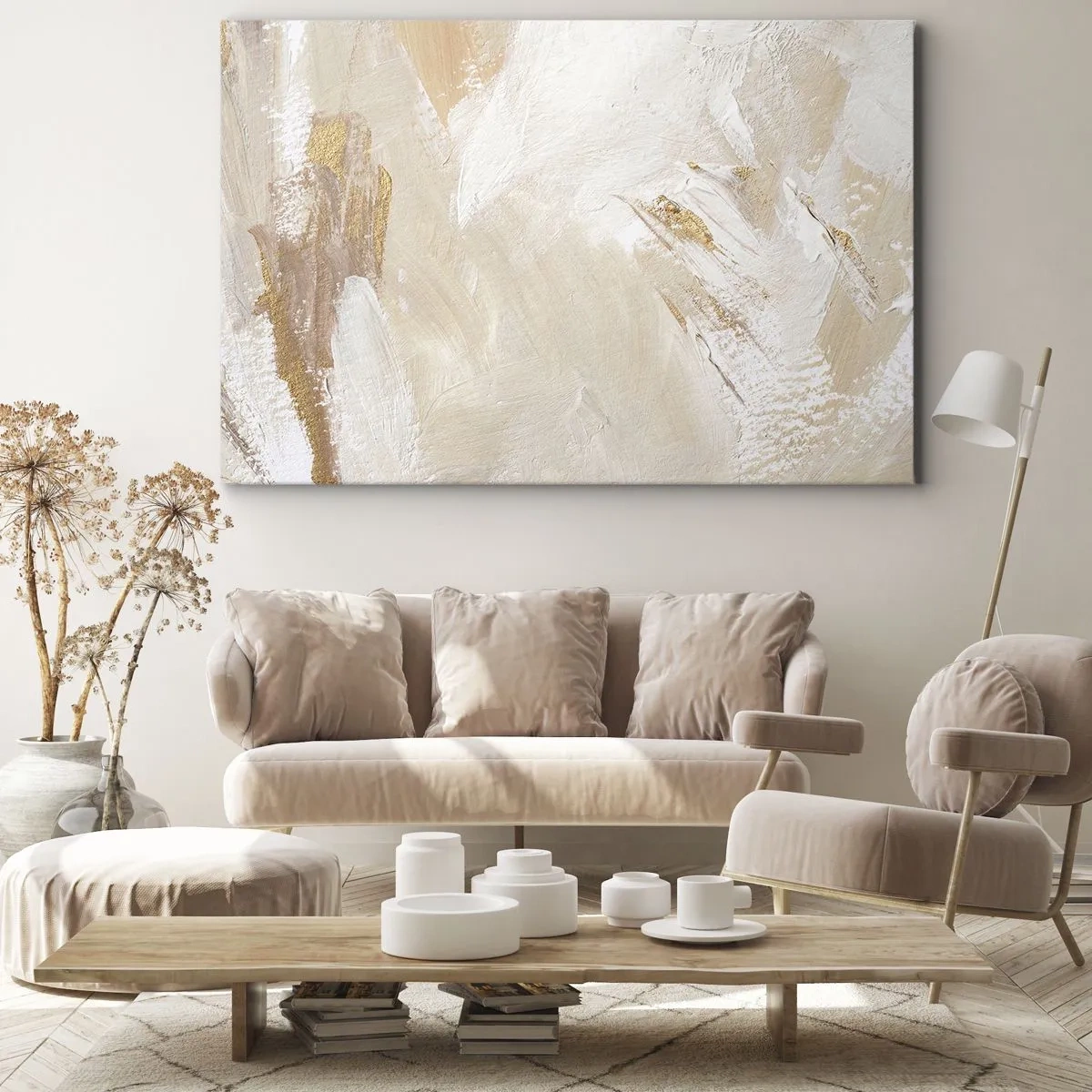 Tablou pe pânză Canvas - Tonuri abstracte delicate în nuanțe de bej și auriu - 70x50cm - Compoziție pastel - Decorațiune modernă pentru perete pentru living și dormitor ARTTOR