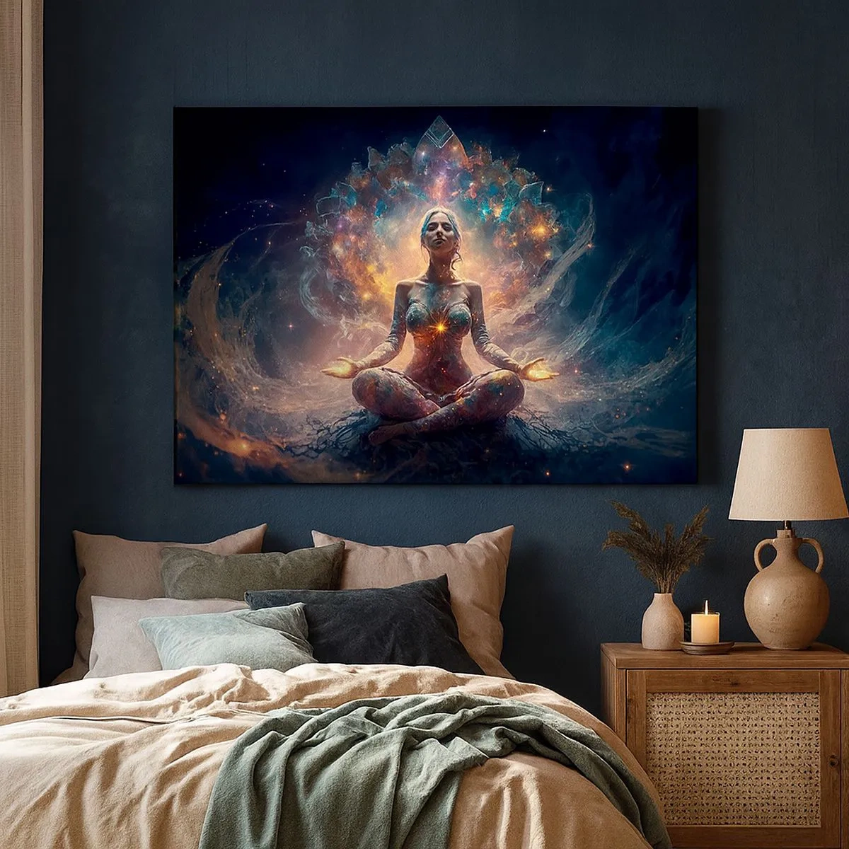 Tablou pe pânză Canvas - O figură meditativă, înconjurată de modele și culori energice. - 70x50cm - Flux de energie bună - Decorațiune modernă pentru perete pentru living și dormitor ARTTOR