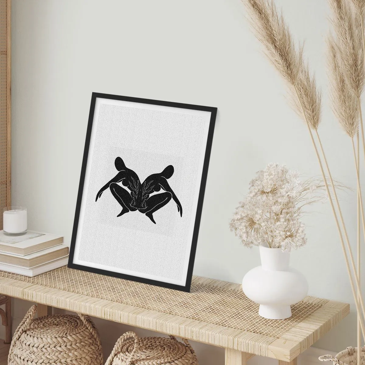 Poster în ramă neagră - Siluete negre ale unor figuri într-o compoziție simetrică - 50x70cm - Suflet comun - Decorațiune modernă pentru perete pentru living și dormitor ARTTOR