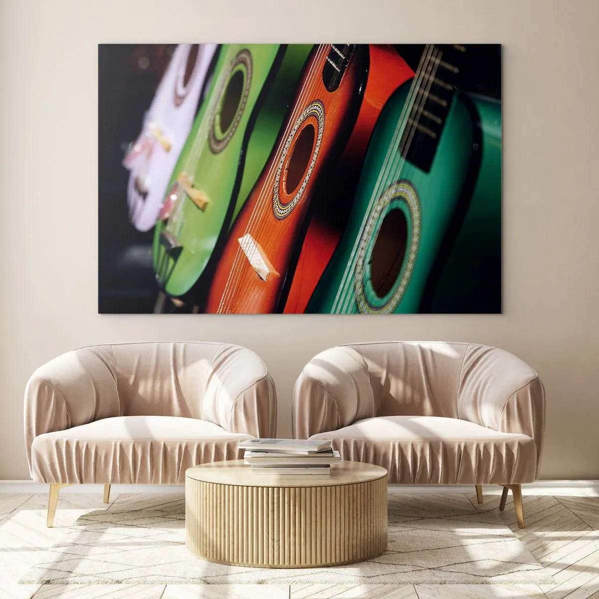 Tablou pe sticlă - Chitare colorate la rând - 70x50cm - Chitara are multe culori - Decorațiune modernă pentru perete pentru living și dormitor ARTTOR