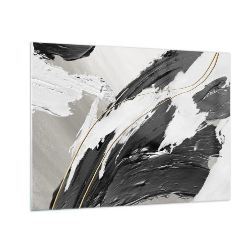 Tablou pe sticlă - Tușe dinamice de alb-negru cu accent auriu - 70x50cm - Abstracție cu fler - Decorațiune modernă pentru perete pentru living și dormitor ARTTOR