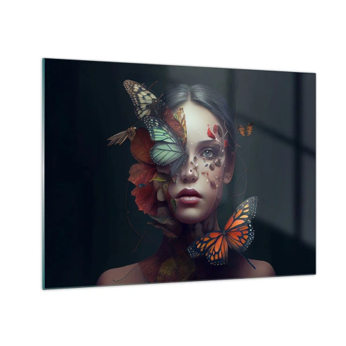 Tablou pe sticlă - Față de femeie cu fluturi și frunze într-o compoziție artistică - 70x50cm - Transformare minunată - Decorațiune modernă pentru perete pentru living și dormitor ARTTOR