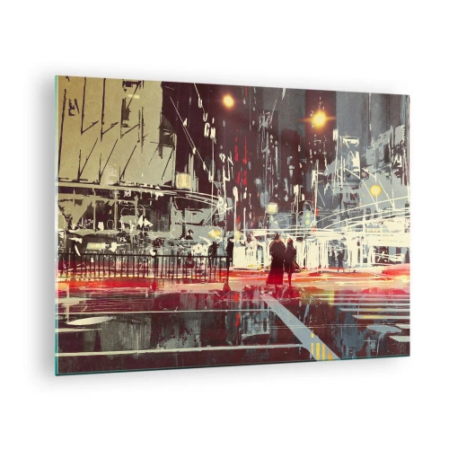 Tablou pe sticlă - Peisaj urban nocturn cu lumini neon și siluete de trecători - 70x50cm - O trecere metropolitană - Decorațiune modernă pentru perete pentru living și dormitor ARTTOR