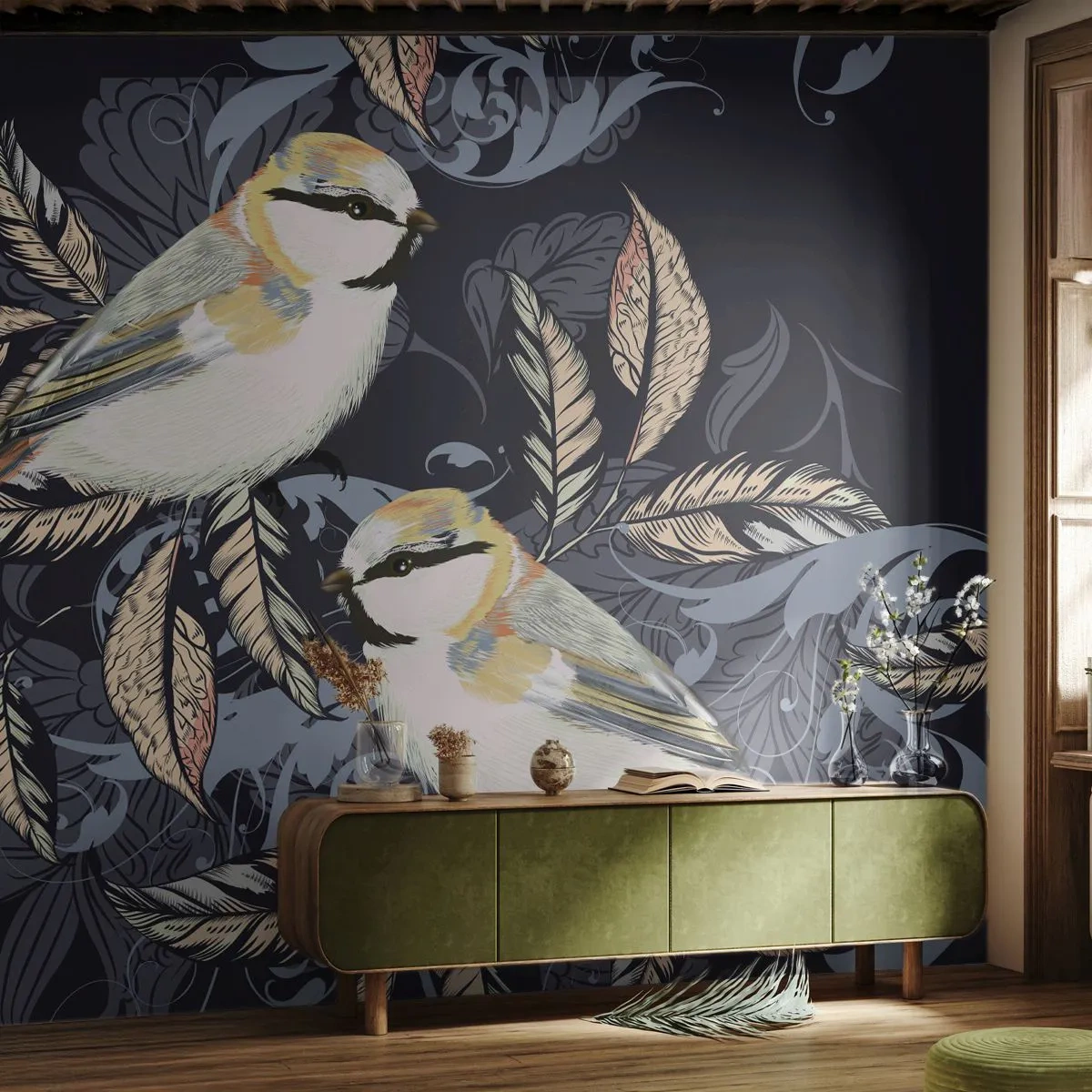 Tapet Standard Eco - Ilustrație a păsărilor pe un fundal întunecat cu ornamente - 100x70cm - Ciripirile galben-albastru - Decorațiune modernă pentru perete pentru living și dormitor ARTTOR