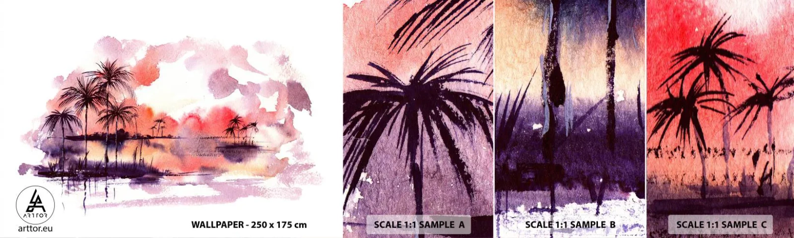 Mostră tapet autocolant Deluxe Sticker - Liniștea tropicelor în roșu - Peisaj, Palmier de nuca de cocos, Grafică - 100x30 cm