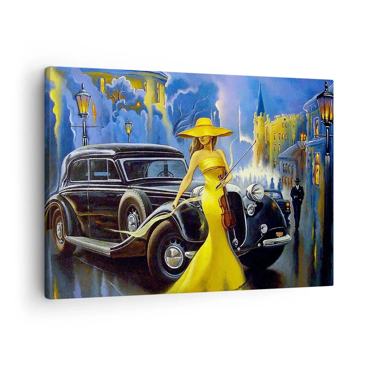 Tablou pe pânză Canvas - O femeie într-o rochie galbenă cu o vioară lângă o mașină retro. - 70x50cm - Nocturne pentru vioară și dragoste - Decorațiune modernă pentru perete pentru living și dormitor ARTTOR