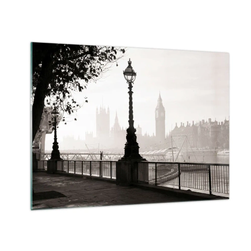 Tablou pe sticlă - Fotografie alb-negru a promenadei londoneze cu Big Ben - 70x50cm - Londra de dimineața - Decorațiune modernă pentru perete pentru living și dormitor ARTTOR