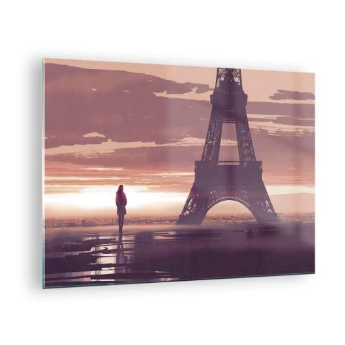 Tablou pe sticlă - Turnul Eiffel la apus cu silueta unei persoane - 70x50cm - Doar ele două - Decorațiune modernă pentru perete pentru living și dormitor ARTTOR