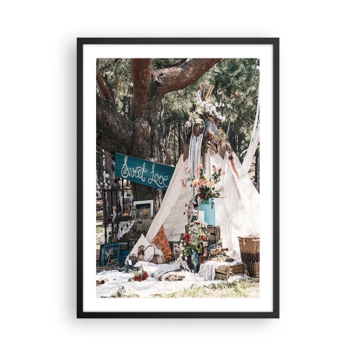 Poster în ramă neagră - O compoziție în stil boho cu un cort, flori și cuvintele „Dragoste dulce” - 50x70cm - Make love… - Decorațiune modernă pentru perete pentru living și dormitor ARTTOR