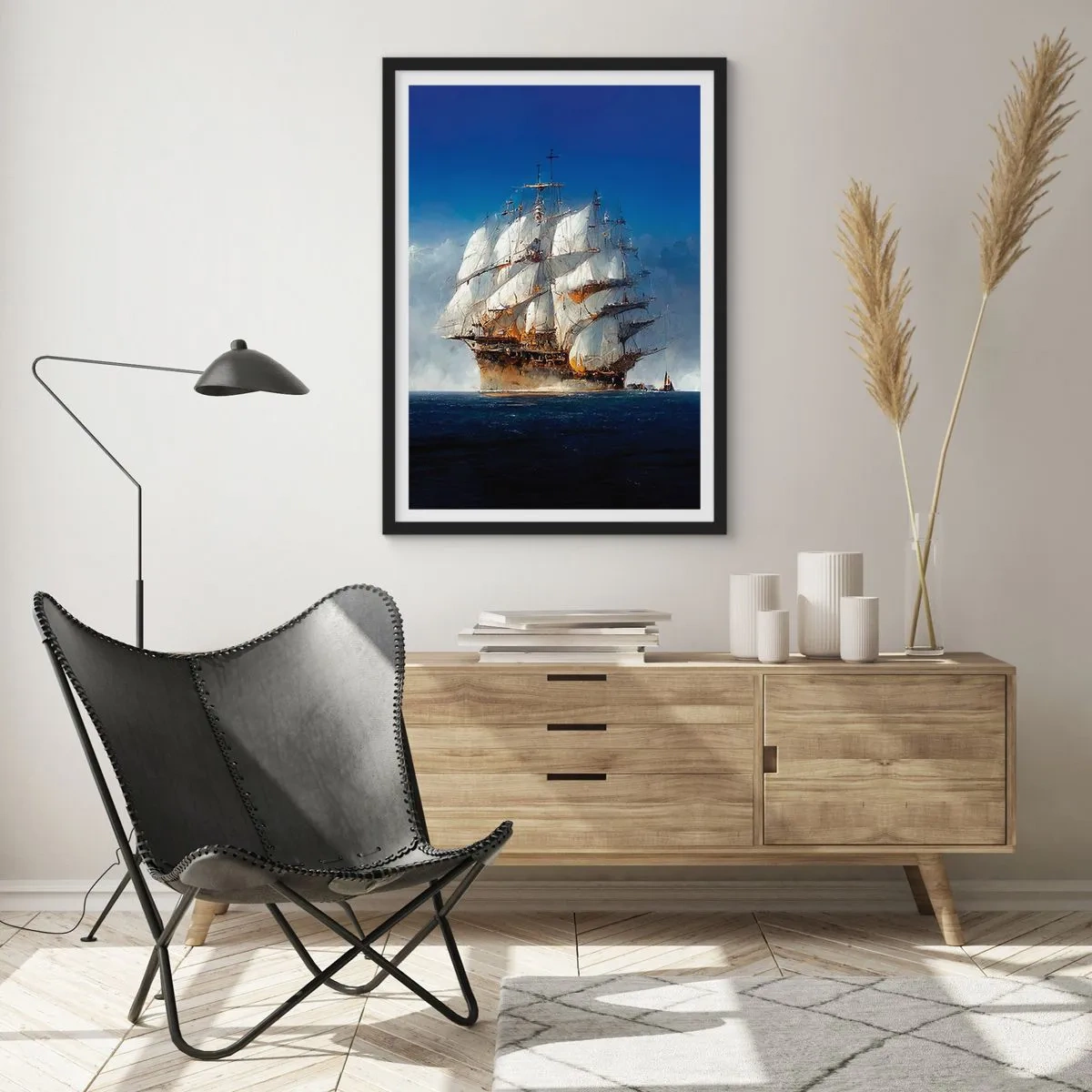 Poster în ramă neagră - O corabie cu pânze în largul mării, sub pânzele deschise, în lumina soarelui - 50x70cm - The great glory! - Decorațiune modernă pentru perete pentru living și dormitor ARTTOR