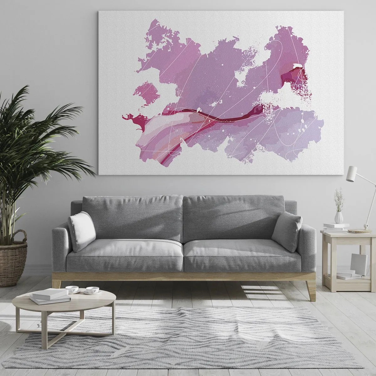 Tablou pe sticlă - Hartă abstractă în nuanțe de roz și violet pe fundal alb - 70x50cm - Harta unei lumi roz - Decorațiune modernă pentru perete pentru living și dormitor ARTTOR