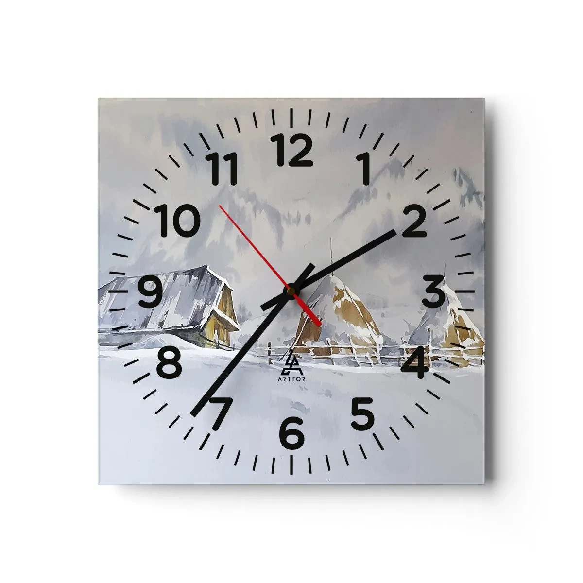 Ceas de perete - Ceas pe sticlă - Într-o vale înzăpezită - 30x30 cm