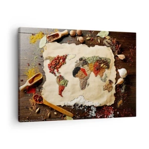 Tablou pe pânză Canvas - O hartă a lumii realizată din condimente pe un fundal de lemn. - 70x50cm - Toate gusturile lumii - Decorațiune modernă pentru perete pentru living și dormitor ARTTOR