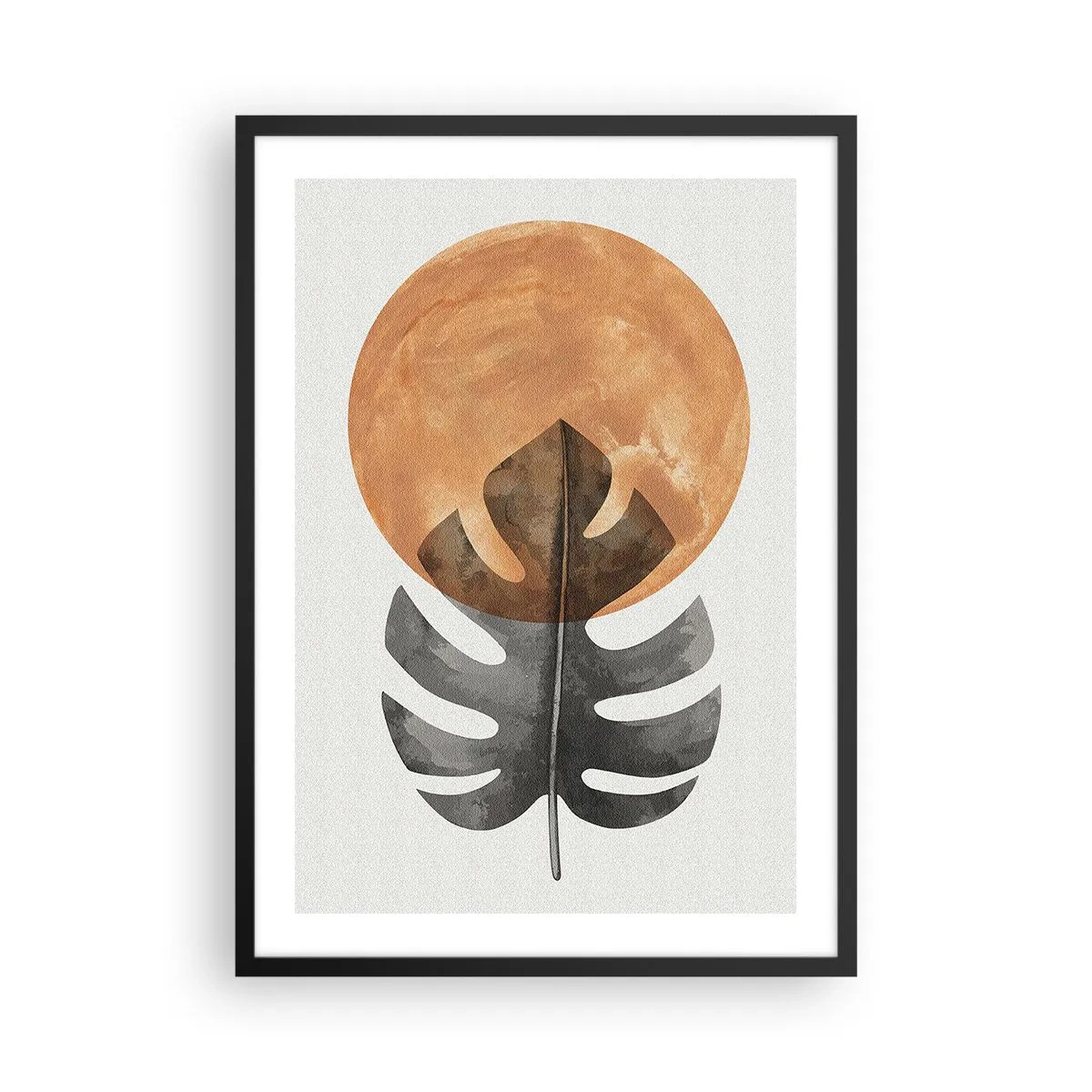 Poster în ramă neagră - O frunză de monstera pe fundalul unui cerc portocaliu cald - 50x70cm - Doar soarele - Decorațiune modernă pentru perete pentru living și dormitor ARTTOR