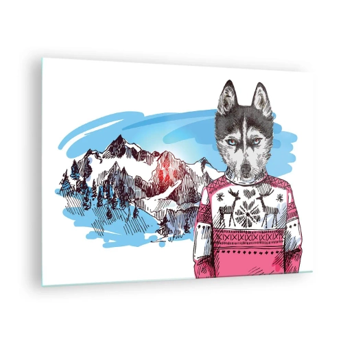 Tablou pe sticlă - Husky într-un pulover cu munți în fundal - 70x50cm - Lupul în lâna de oaie - Decorațiune modernă pentru perete pentru living și dormitor ARTTOR