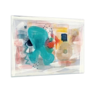Tablou pe sticlă - O abstracție colorată cu stropi de turcoaz, roșu și bej. - 70x50cm - Joc plin de culoare - Decorațiune modernă pentru perete pentru living și dormitor ARTTOR