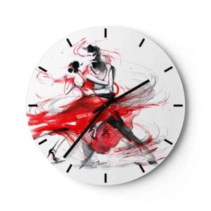 Ceas de perete - Ceas pe sticlă - Dansatori de tango în acuarelă roșie, dinamică - 30x30cm - Tango - ritmul pasiunii - Decorațiune modernă pentru perete pentru living, bucătărie și dormitor ARTTOR