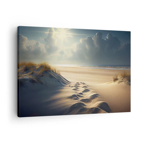 Tablou pe pânză Canvas - Dune aurii pe plajă la apus cu vedere la mare - 70x50cm - Peisaj liniștitor - Decorațiune modernă pentru perete pentru living și dormitor ARTTOR