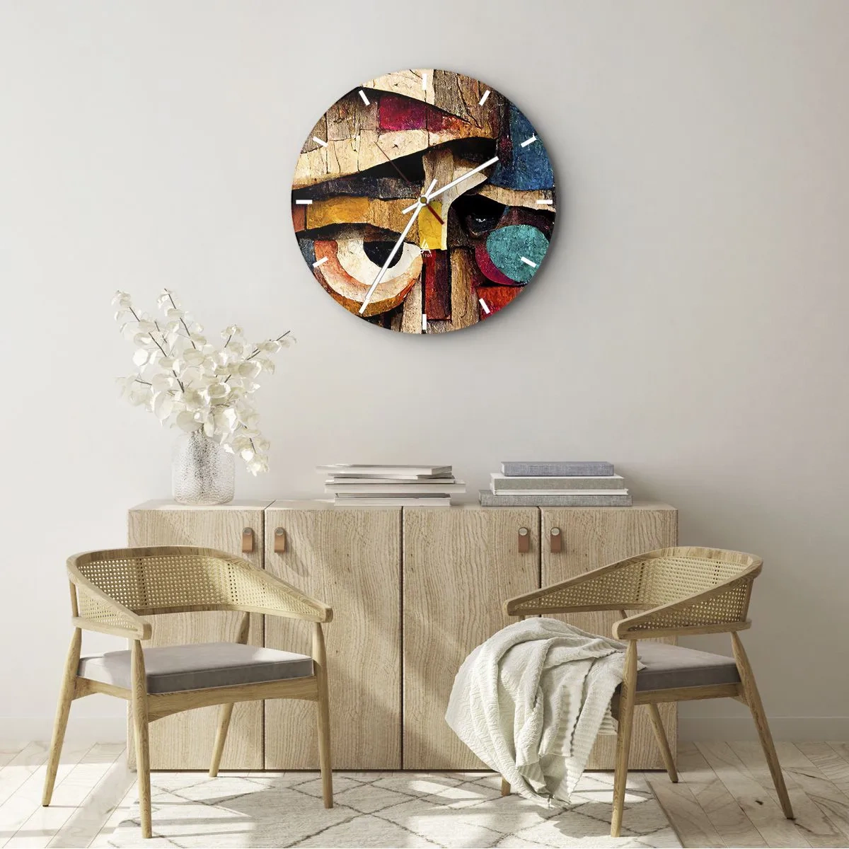 Ceas de perete - Ceas pe sticlă - Față colorată în stilul unui mozaic de lemn realizat din forme geometrice - 30x30cm - Te văd... - Decorațiune modernă pentru perete pentru living, bucătărie și dormitor ARTTOR