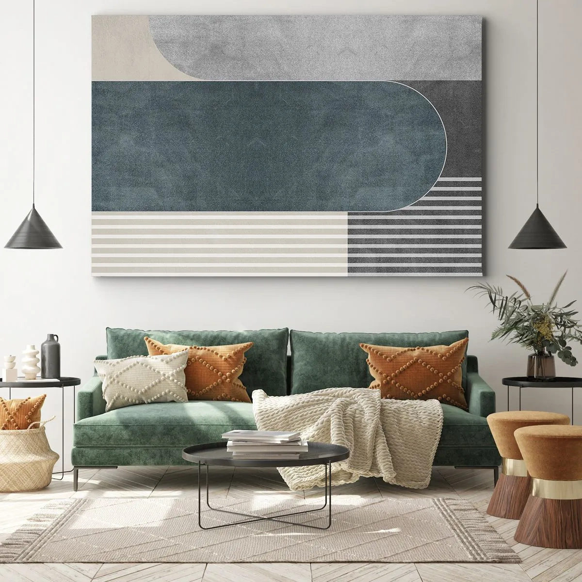 Tablou pe pânză Canvas - Abstracție geometrică în nuanțe de gri și verde - 70x50cm - Compoziție de nivel - Decorațiune modernă pentru perete pentru living și dormitor ARTTOR