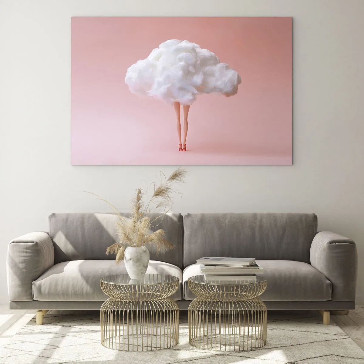 Tablou pe sticlă - Silueta unei femei cu un nor în loc de rochie pe un fundal roz pastel. - 70x50cm - Dulce promisiune - Decorațiune modernă pentru perete pentru living și dormitor ARTTOR