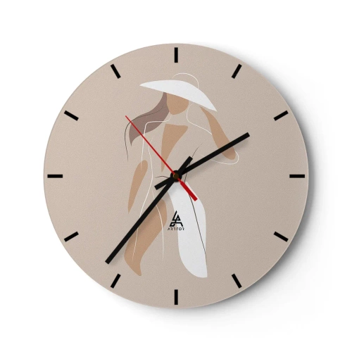Ceas de perete - Ceas pe sticlă - Femeie elegantă cu pălărie pe fundal bej - 30x30cm - Moda este distractivă - Decorațiune modernă pentru perete pentru living, bucătărie și dormitor ARTTOR