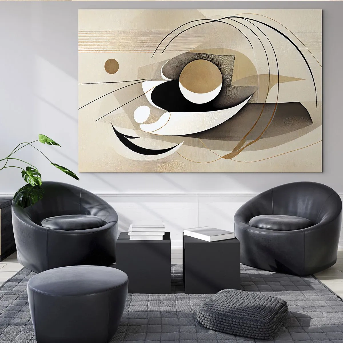 Tablou pe sticlă - Abstracție minimalistă în bej cu forme geometrice - 70x50cm - Compoziție - nucleu - Decorațiune modernă pentru perete pentru living și dormitor ARTTOR
