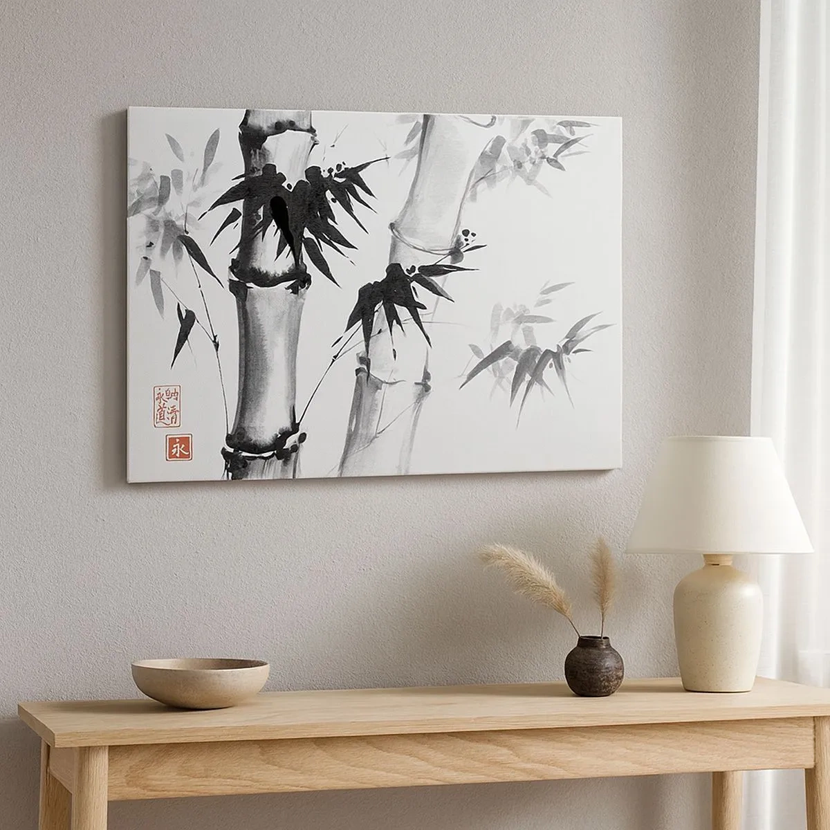 Tablou pe pânză Canvas - Bambus în acuarelă în stil japonez pe fundal alb - 70x50cm - Primul-plan al Orientului - Decorațiune modernă pentru perete pentru living și dormitor ARTTOR