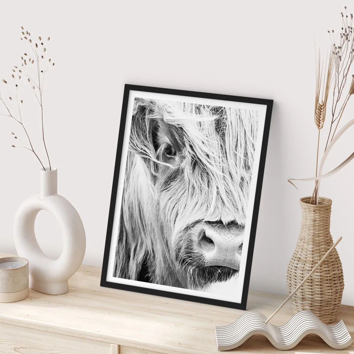 Poster în ramă neagră - Un portret alb-negru în prim-plan al unei vaci scoțiene din rasa Highland. - 50x70cm - Sălbăticie scoțiană - Decorațiune modernă pentru perete pentru living și dormitor ARTTOR