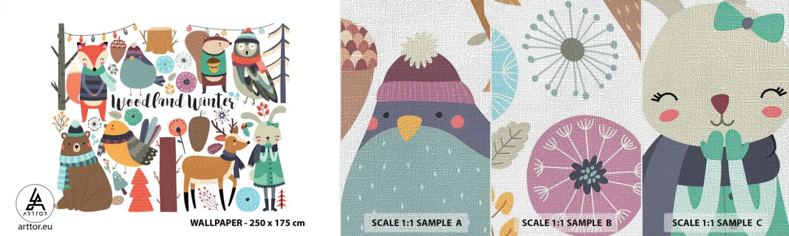 Mostră tapet Premium Canvas - Un Crăciun de basm în pădure - Pentru copii, Iarnă În Pădure, Animale - 100x30 cm