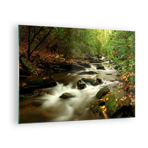 Tablou pe sticlă - Un pârâu în pădure înconjurat de pietre și frunze - 70x50cm - Ca argintul lichid - Decorațiune modernă pentru perete pentru living și dormitor ARTTOR