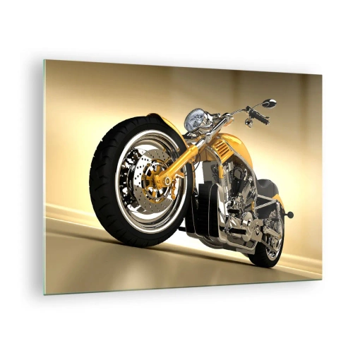 Tablou pe sticlă - O motocicletă personalizată aurie pe un fundal deschis - 70x50cm - Un vis de forță și viteză - Decorațiune modernă pentru perete pentru living și dormitor ARTTOR