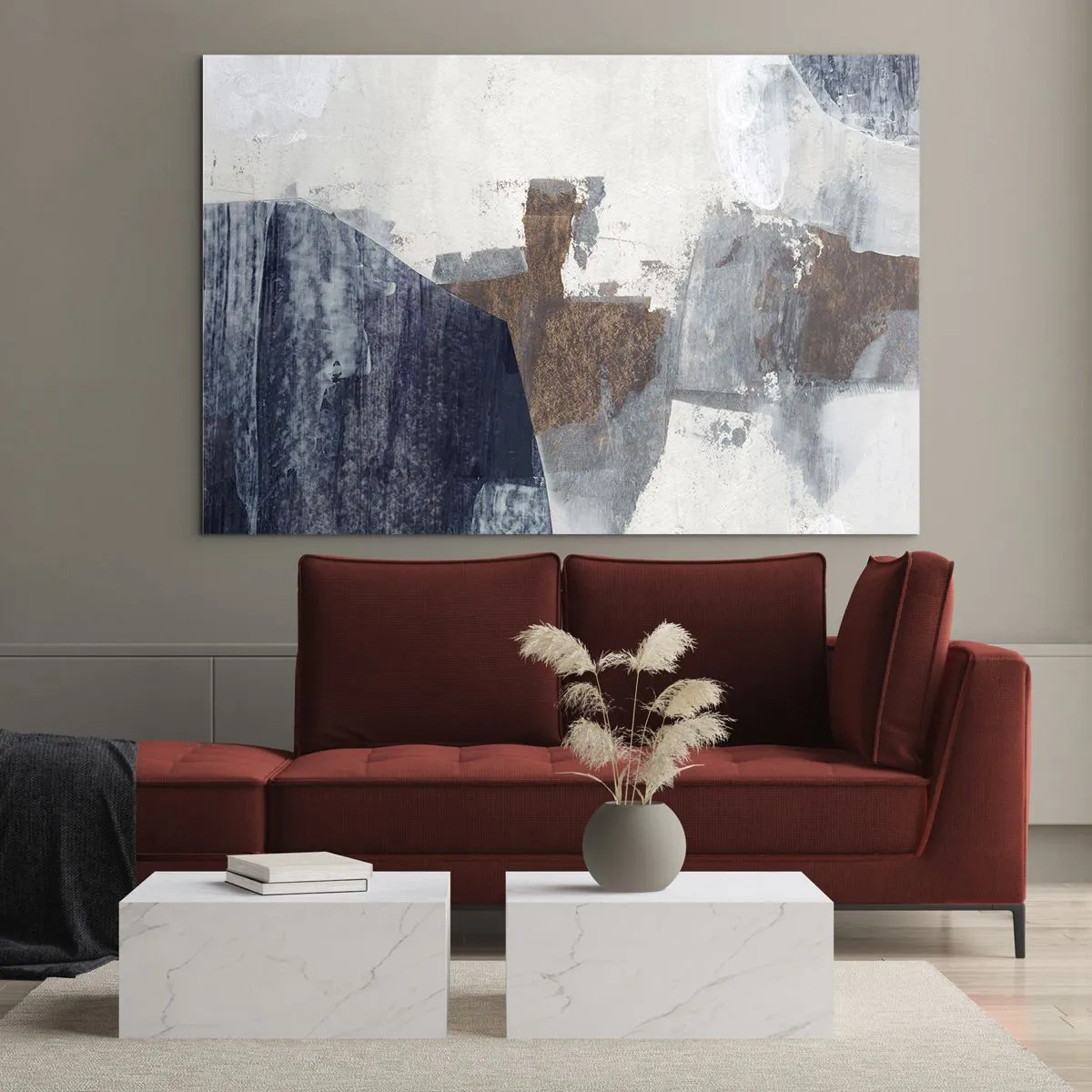 Tablou pe sticlă - Forme geometrice în albastru, maro și alb - 70x50cm - Forme albastre-maronii - Decorațiune modernă pentru perete pentru living și dormitor ARTTOR