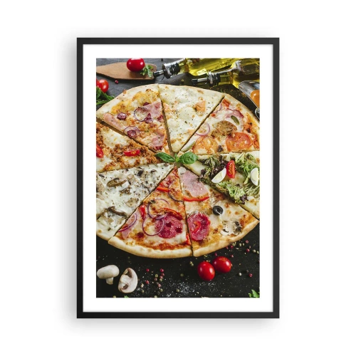 Poster în ramă neagră - Pizza colorată împărțită în diverse bucăți - 50x70cm - Un evantai de arome - Decorațiune modernă pentru perete pentru living și dormitor ARTTOR
