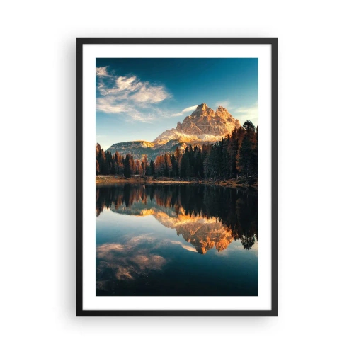 Poster în ramă neagră - Un vârf de munte reflectat într-un lac liniștit - 50x70cm - Peisaj dublat - Decorațiune modernă pentru perete pentru living și dormitor ARTTOR