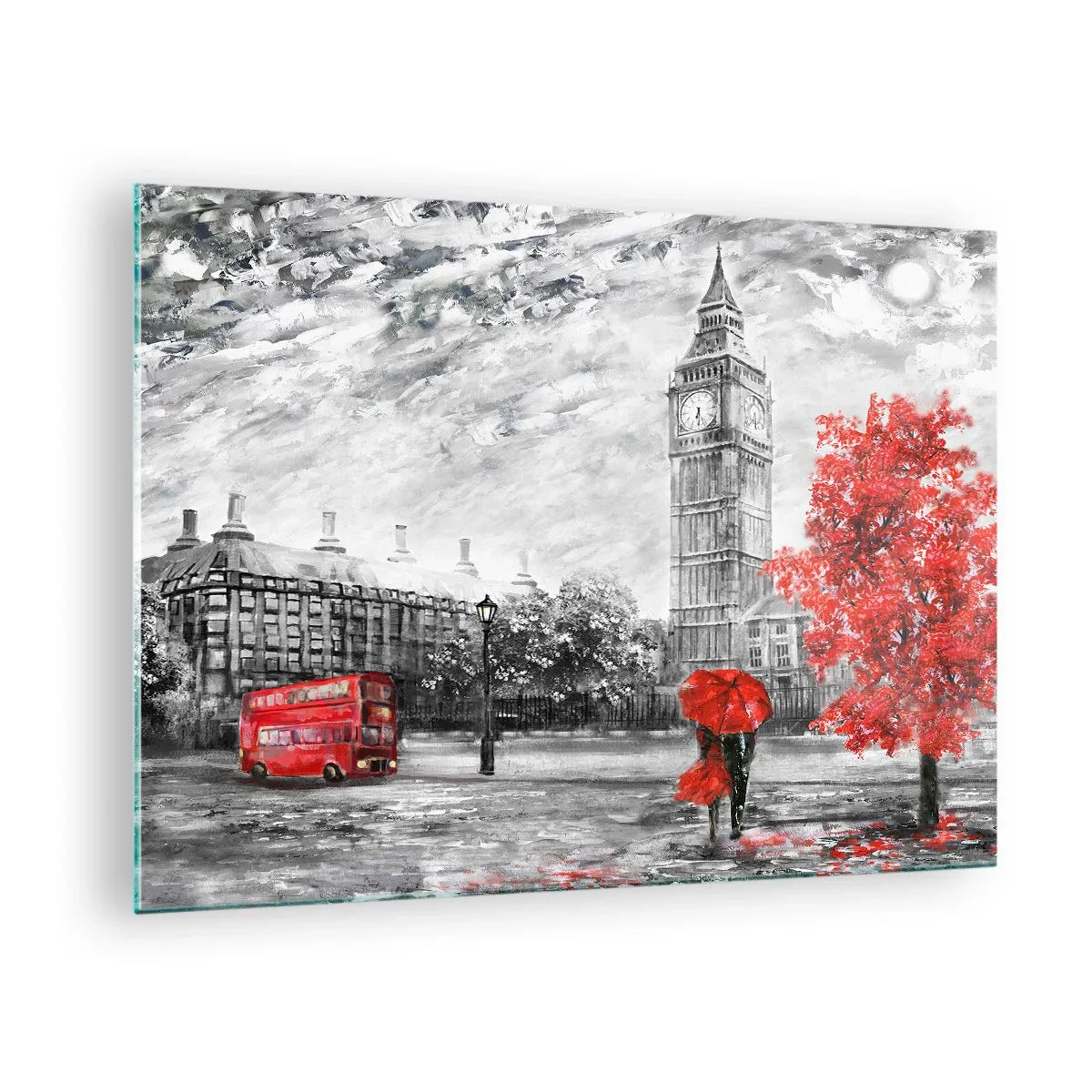 Tablou pe sticlă - Big Ben cu un autobuz roșu și o umbrelă pe fundalul copacilor de toamnă - 70x50cm - O zi excitantă - Decorațiune modernă pentru perete pentru living și dormitor ARTTOR
